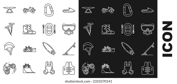 Set line Life jacket, Skateboard, Diving mask, Carabiner, Boots, Pegs for tents, Hang glider and Rafting boat icon. Vector