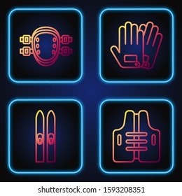 Set line Life jacket, Ski and sticks, Knee pads and Gloves. Gradient color icons. Vector