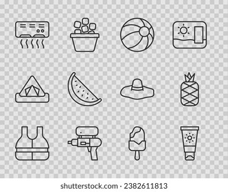 Set-Line Life Jacke, Sonnenschutzcreme in Röhre, Beach-Ball, Wasserpistole, Klimaanlage, Watermelon, Eis und Ananas Symbol. Vektorgrafik