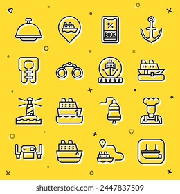 Set line Lifeboat, Cook, Cruise ship, ticket, Binoculars, jacket, Covered with tray and  icon. Vector