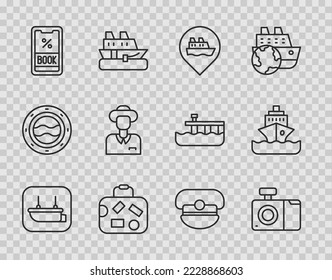 Set line Lifeboat, Photo camera, Location with cruise ship, Suitcase, Cruise ticket, Tourist, Captain hat and  icon. Vector