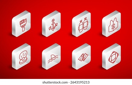 Definir linha Lifebuoy, Âncora, Aqualung, jaqueta, Vibrações para natação, Ação câmera extrema, Shark e Pearl ícone. Vetor