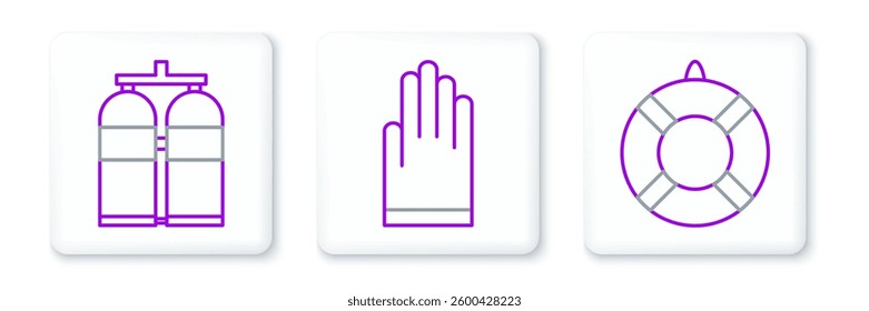 Set line Lifebuoy, Aqualung and Gloves icon. Vector