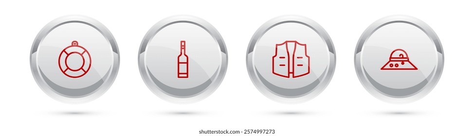 Set line Lifebuoy, Bottle of vodka, Fishing jacket and Fisherman hat. Silver circle button. Vector