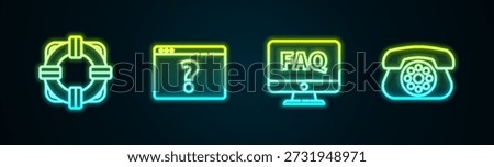 Set line Lifebuoy, Browser with question mark, Computer monitor and FAQ and Telephone. Glowing neon icon. Vector