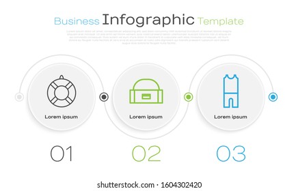Set line Lifebuoy, Case or box container for wobbler and Wetsuit for scuba diving. Business infographic template. Vector