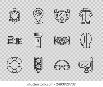 Set line Lifebuoy, Diving mask and snorkel, Gauge scale, Turtle, Flashlight, Glasses cap and hood icon. Vector