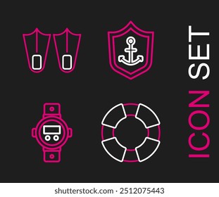 Set line Lifebuoy, Diving watch, Anchor inside shield and Rubber flippers icon. Vector