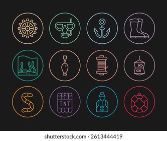 Set line Lifebuoy, Fishing net with fish, Anchor, spoon, Aquarium, Ship steering wheel, Spinning reel for fishing and Diving mask and snorkel icon. Vector