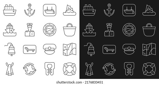 Set line Lifebuoy, Folded map, Beach bag, Lifeboat, Captain of ship, Cruise,  and Ship porthole with seascape icon. Vector