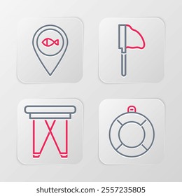 Set line Lifebuoy, Folding chair, Fishing net with fish and Location fishing icon. Vector