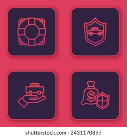 Set line Lifebuoy, Hand holding briefcase, Car with shield and Money. Blue square button. Vector