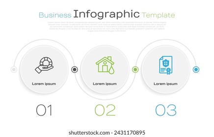 Set line Lifebuoy in hand, House flood and Contract with shield. Business infographic template. Vector