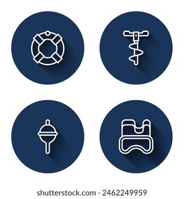 Set line Lifebuoy, Hand ice drill, Fishing float and Diving mask with long shadow. Blue circle button. Vector