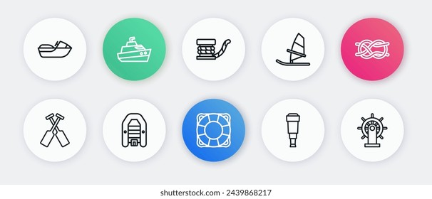 Set line Lifebuoy, Nautical rope knots, Crossed oars or paddles boat, Spyglass telescope lens, Windsurfing, Marine bollard with, Ship steering wheel and Inflatable motor icon. Vector