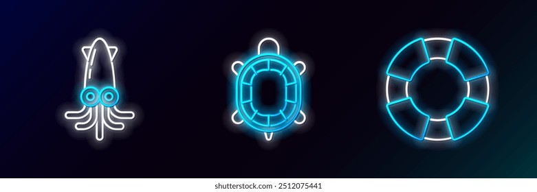 Set line Lifebuoy, Octopus and Turtle icon. Glowing neon. Vector