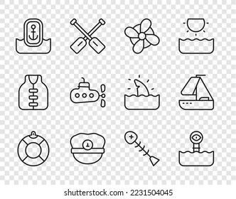 Set line Lifebuoy, Periscope, Boat propeller, Captain hat, Location with anchor, Submarine, Dead fish and Yacht sailboat icon. Vector