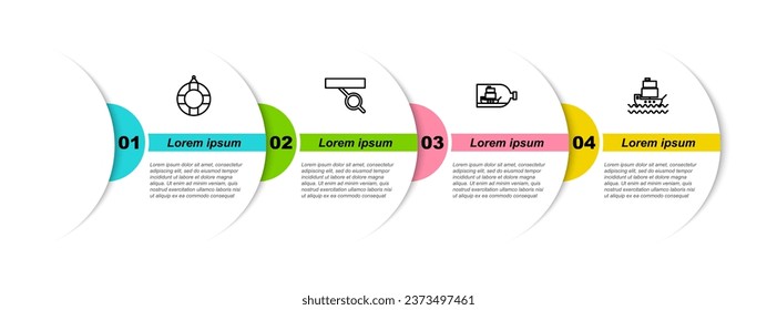 Set line Lifebuoy, Pirate eye patch, Bottle with ship inside and Ship. Business infographic template. Vector
