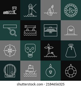 Set line Lifebuoy, Pirate sack, Tombstone with RIP written, Bottle message in water, Boat oars, eye patch, Treasure and riches and Antique treasure chest icon. Vector