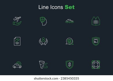 Set line Lifebuoy, Shield with dollar, Tornado, Car insurance, Delivery security shield,  and Marriage contract icon. Vector