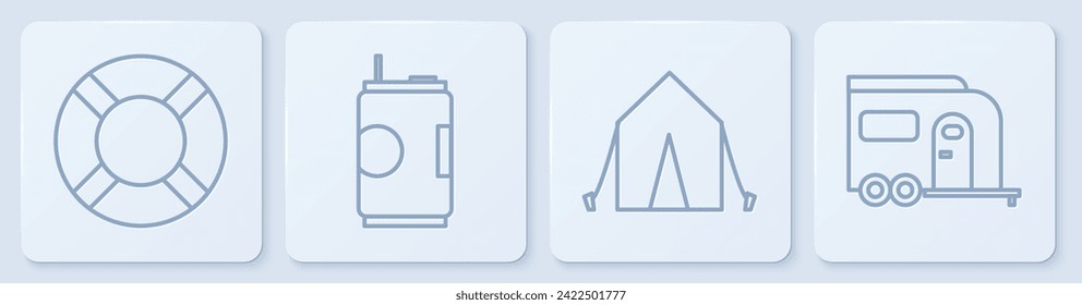 Set line Lifebuoy, Tourist tent, Soda can and Rv Camping trailer. White square button. Vector