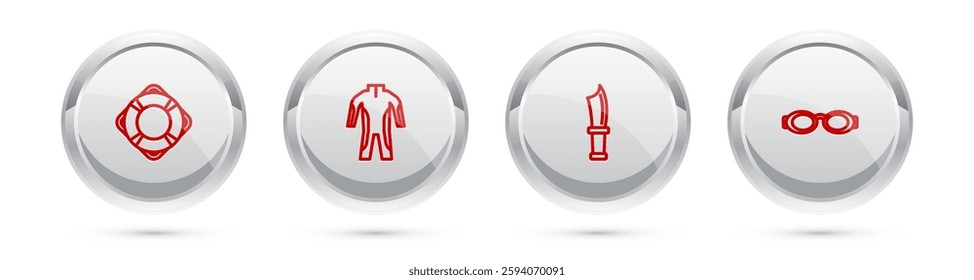 Set line Lifebuoy, Wetsuit for scuba diving, Diving knife and Glasses swimming. Silver circle button. Vector