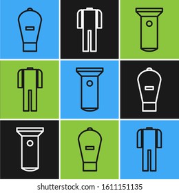 Set line Lift bag, Flashlight and Wetsuit for scuba diving icon. Vector