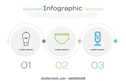 Set line Lift bag, Swimming trunks and Gauge scale. Business infographic template. Vector