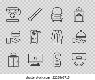 Set line Lift, Bellboy hat, Armchair, Smart Tv, Telephone handset, Digital door lock, Please not disturb and Covered with tray icon. Vector