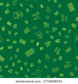Set line Lift, Heating radiator and Hotel door lock key on seamless pattern. Vector