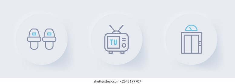 Set line Lift, Retro tv and Hotel slippers icon. Vector