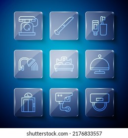 Set line Lift, Security camera, Bellboy hat, Toothbrush and toothpaste, Bedroom, Shower head, Telephone handset and Covered with tray icon. Vector