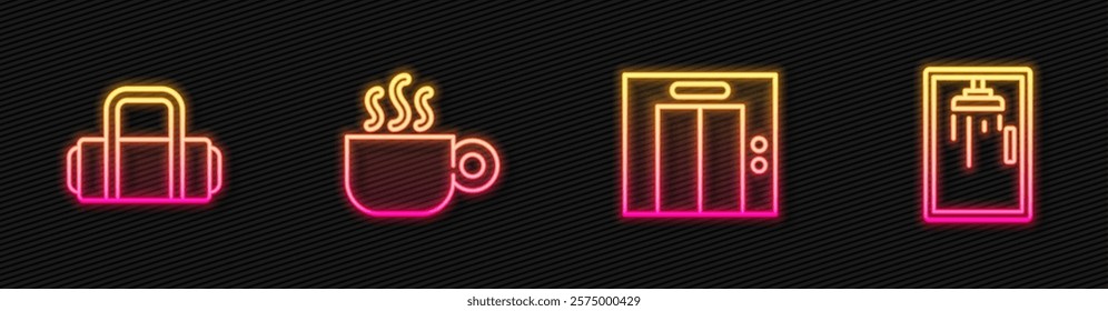 Set line Lift, Suitcase, Coffee cup and Shower cabin. Glowing neon icon. Vector