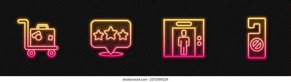 Set line Lift, Suitcase, Five stars rating review and Please do not disturb. Glowing neon icon. Vector