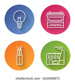 Set line Light bulb, Car battery, Electric cable and Coal power plant and factory. Color circle button. Vector