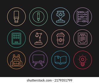 Set line Light bulb, Certificate template, Award cup, Table lamp, Graphic tablet, USB flash drive, Coffee to go and Pencil icon. Vector