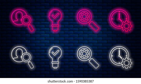 Set line Light bulb and check mark, Magnifying glass and gear, Magnifying glass for search a people and Time Management. Glowing neon icon on brick wall. Vector