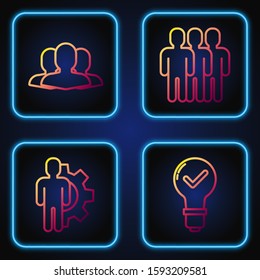 Set line Light bulb and check mark, Human with gear inside, Users group and Users group. Gradient color icons. Vector