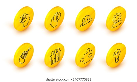 Set line Light bulb and check mark, Piece of puzzle, Users group, Head hunting concept, Human with gear inside, head question and lamp icon. Vector