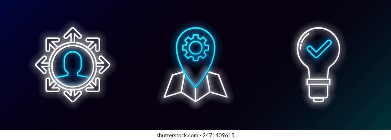 Set line Light bulb and check mark, Project team base and Location job icon. Glowing neon. Vector