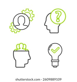 Set line Light bulb and check mark, Project team base, Human head with question and gear inside icon. Vector