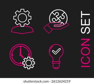 Set line Light bulb and check mark, Time Management, Piece of puzzle in hand and Human with gear inside icon. Vector