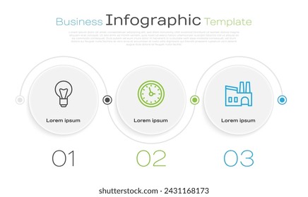 Set line Light bulb, Clock and Factory. Business infographic template. Vector