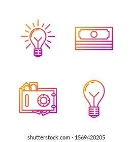 Set line Light bulb with concept of idea, Safe and money, Light bulb with rays shine and concept of idea and Stacks paper money cash. Gradient color icons. Vector