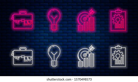 Set line Light bulb with concept of idea, Target with coin symbol, Briefcase and money and Clipboard with graph chart. Glowing neon icon on brick wall. Vector