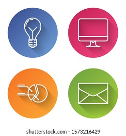 Set line Light bulb with concept of idea, Computer monitor screen, Pie chart infographic and Envelope. Color circle button. Vector