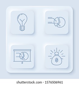 Set line Light bulb with concept of idea, Pie chart infographic, Board with graph chart and Money bag. White square button. Vector