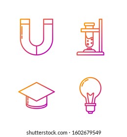 Set line Light bulb with concept of idea, Graduation cap, Magnet and Glass test tube flask on fire. Gradient color icons. Vector