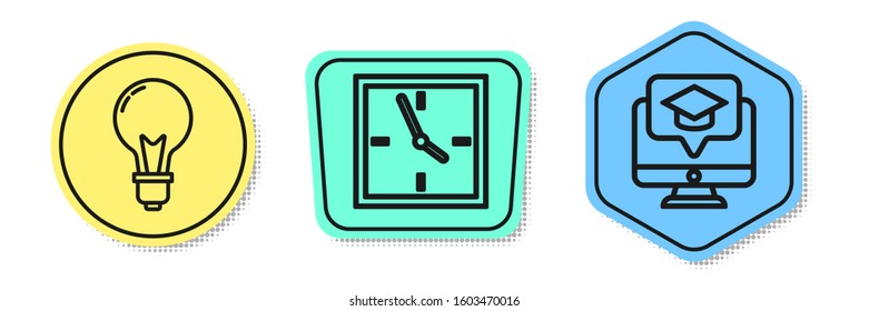 Set line Light bulb with concept of idea, Clock and Monitor with graduation cap. Colored shapes. Vector