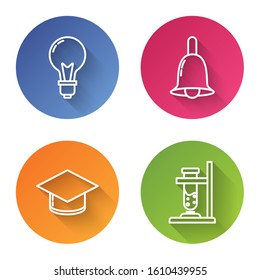 Set line Light bulb with concept of idea, Ringing bell, Graduation cap and Glass test tube flask on fire. Color circle button. Vector